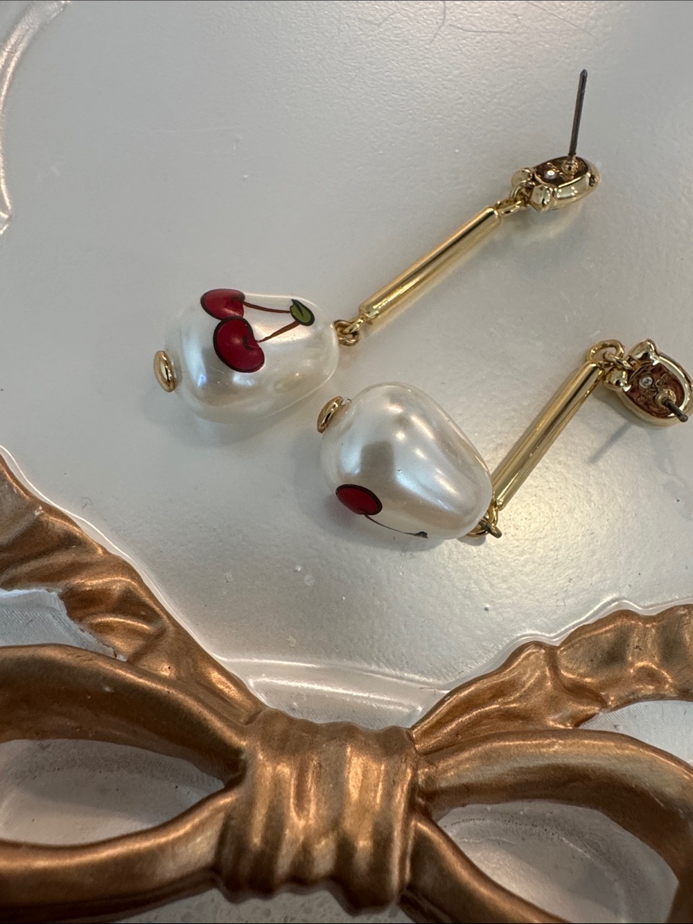 5/22 COACH Earrings with Pearl-Cherry Accent - White and Red